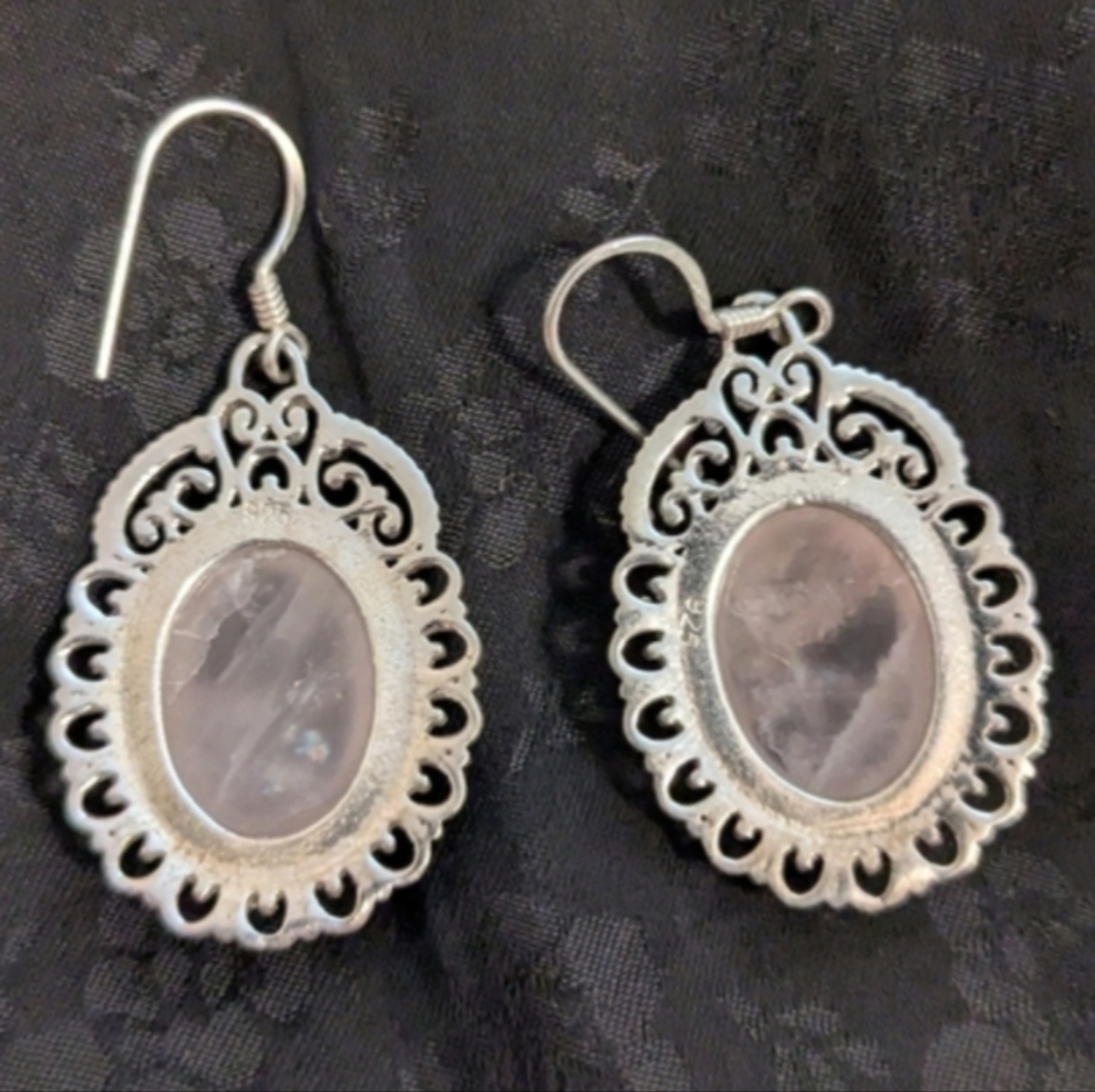 Antique Style Earrings 925 Sterling Silver Pink Rose Quartz Filigree Earrings - Picture 3 of 8